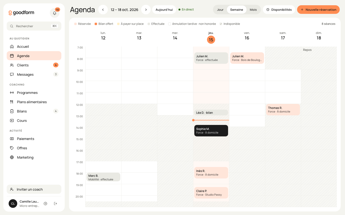 La semaine de l’agenda du coach, avec les séances et leur état de paiement