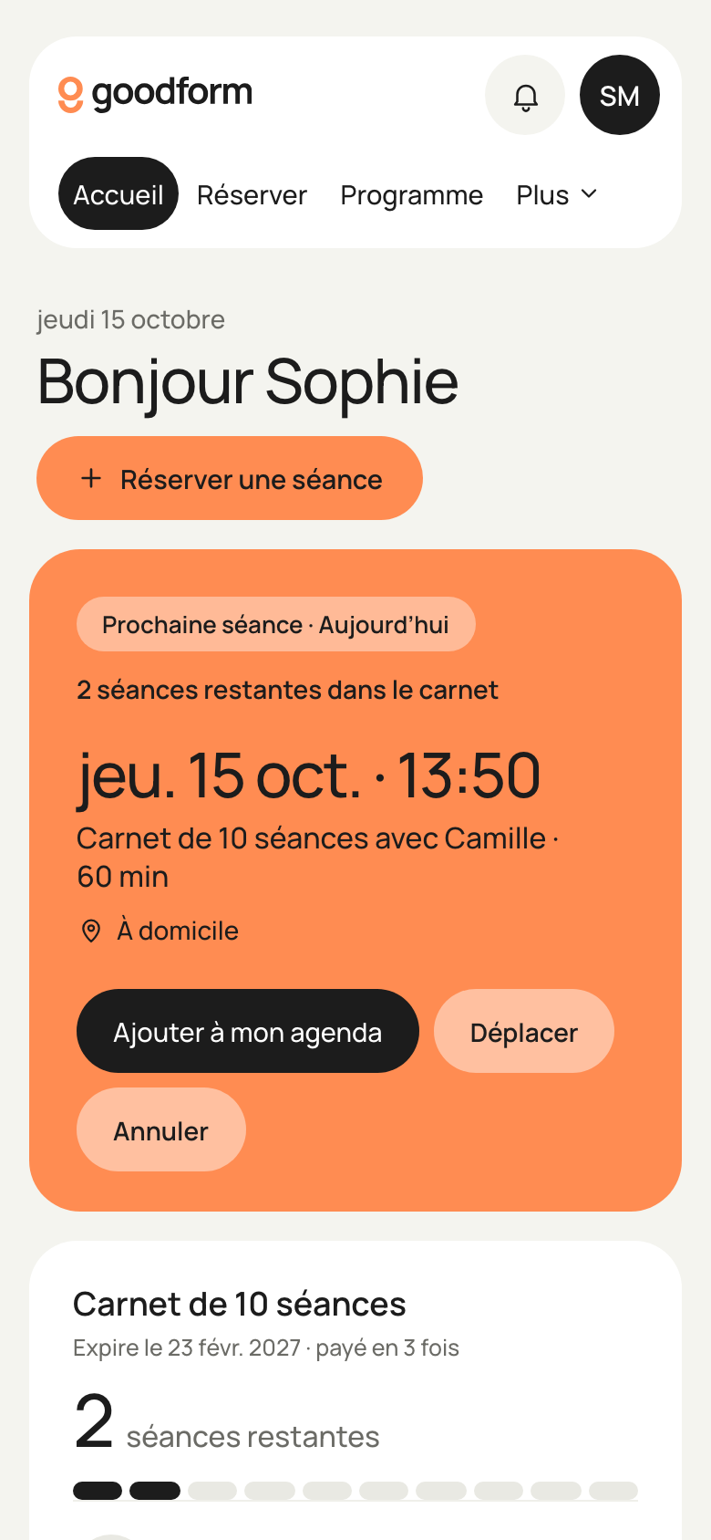 L’espace client sur téléphone : prochaine séance, programme et séances restantes
